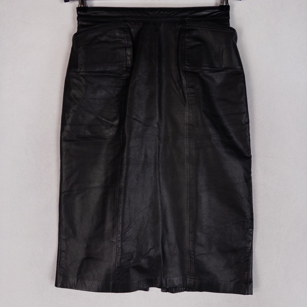 Greg Adams Leather Pencil Skirt 8 Black High Waist Pockets Minimalist 80s 90s